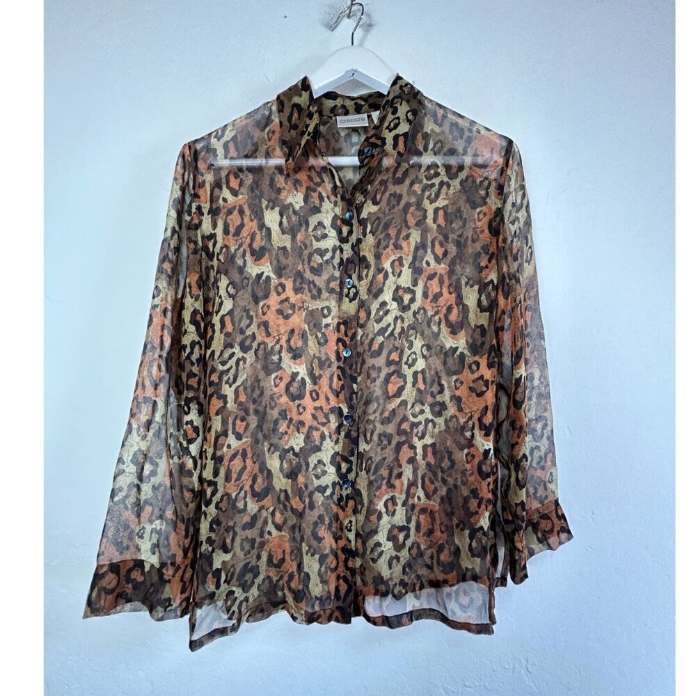 Chico's Women Animal Print 100% Silk Sheer Button-Down Blouse Size 1 Long Sleeve